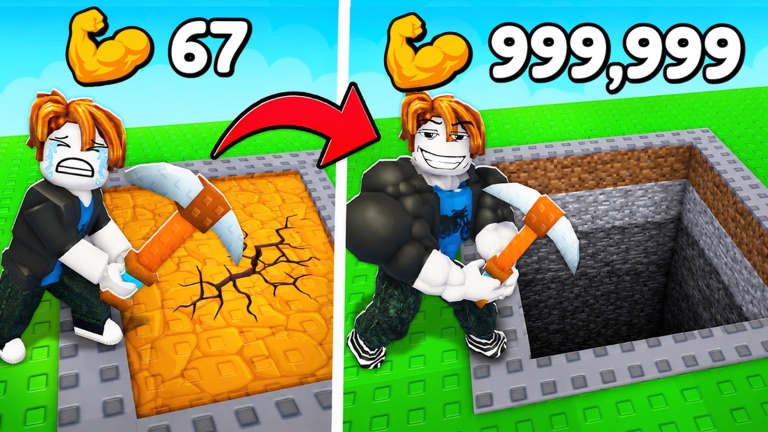 Strength progression in +1 Mine Per Click: a player at 67 Strength struggling to crack a block versus 999,999 Strength digging a deep pit